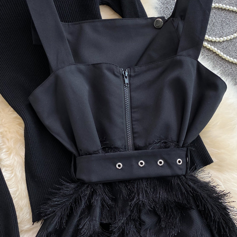 Autumn black stand-up collar tight  bottoming shirt two-piece suit  waisted splicing  fringe suspender dress