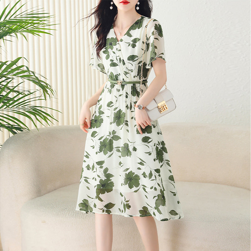 Sui La V-neck age-reducing chiffon floral  waist dress women's summer temperament  and meat-covering long skirt