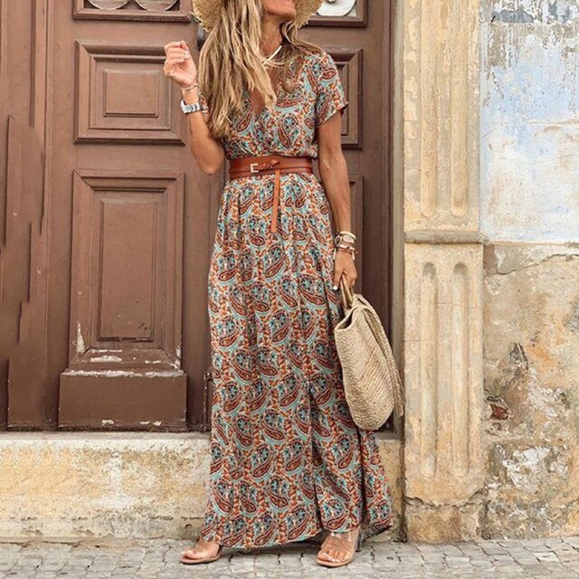 2022 Summer Boho Women's Long Dress V Neck Short Sleeve Floral Printed Beach Dresses Female Elegant Vintage Dress with Belt