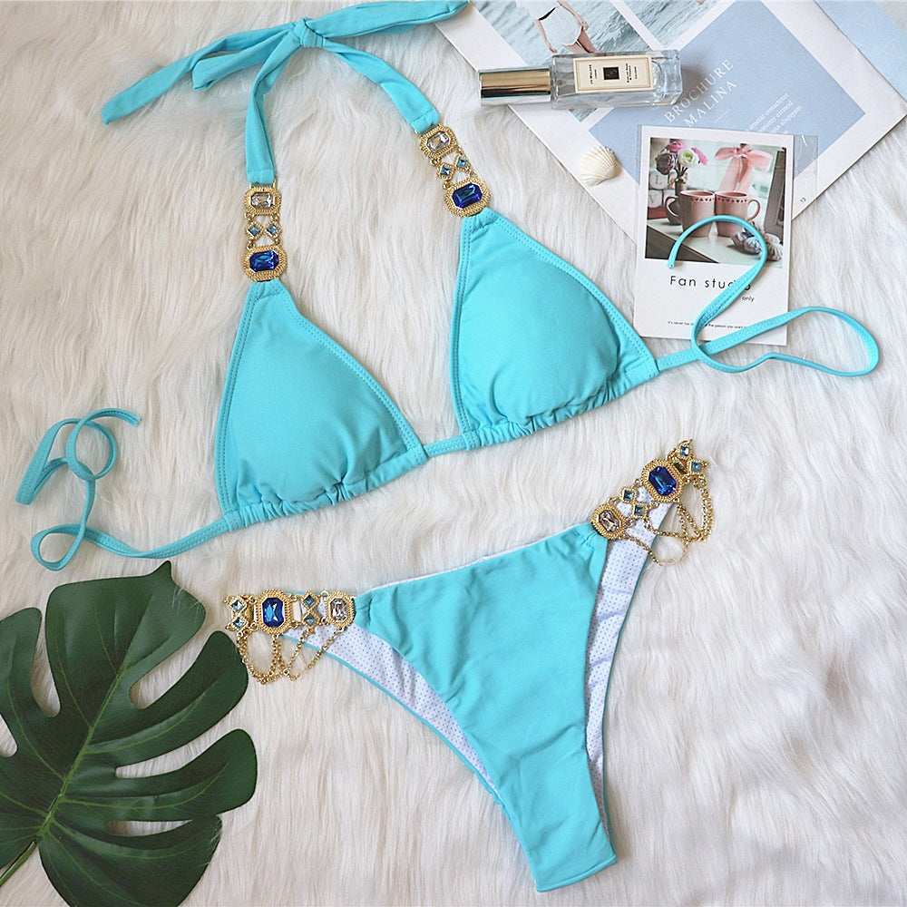 Explosive Crystal Diamond Bikini New European and American Bandage Plain Women's Split Swimsuit Gold Accessories Swimwear