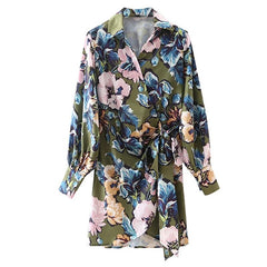 المرأة بوهو نمط الأزهار طباعة فستان قصير عادية بدوره إلى أسفل طوق فانوس فستان بكم طويل الإناث الجانب القوس تعادل فساتين 