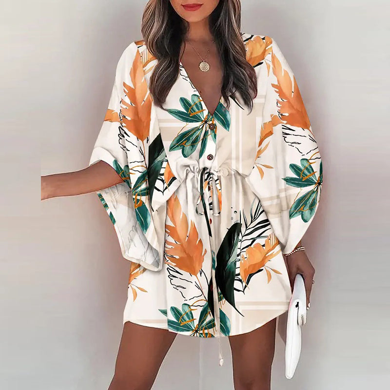 فستان قصير غير رسمي لقضاء العطلات على الشاطئ بوهو للنساء فساتين صيفية مطبوعة بأربطة وأكمام تشبه جناح الخفّاش للنساء رداء نسائي فضفاض 
