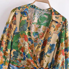 فساتين نسائية بوهو ستايل قصيرة مطبوعة بالزهور أنيقة على شكل حرف V وأكمام طويلة وربطة عنق على شكل فيونكة فساتين نسائية أنيقة للحفلات 