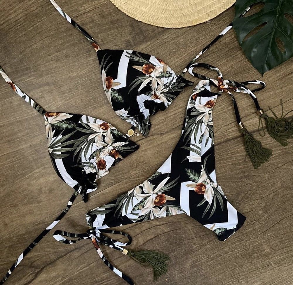 Brazilian Split Ladies Printed Swimsuit With Underwire Chest Pad Sexy Triangle Bikini