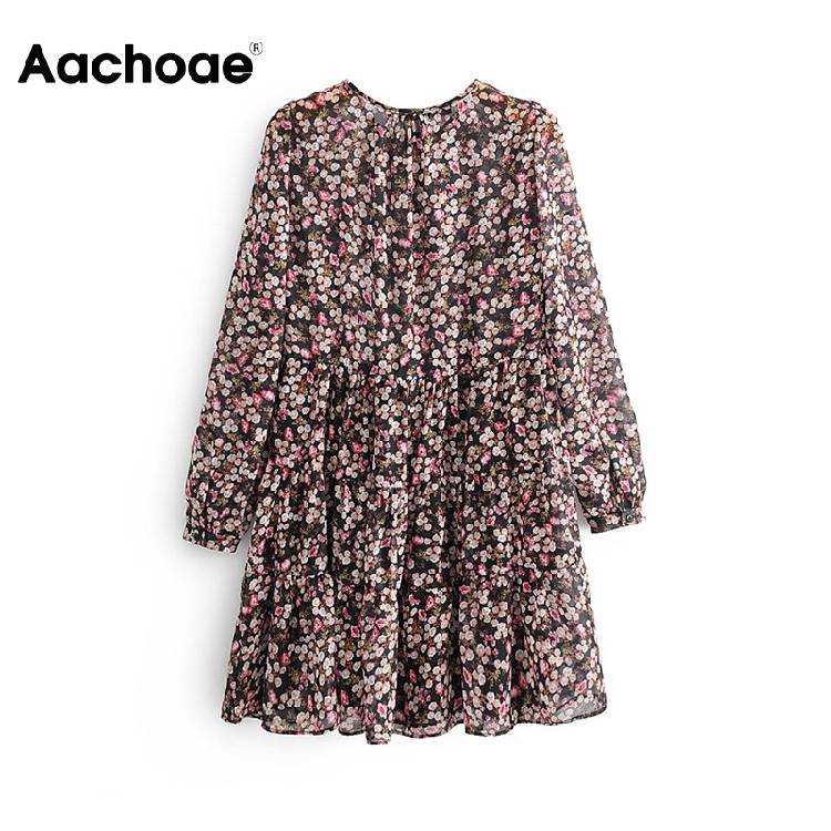 Aachoae Boho Style Floral Print Pleated Dress Long Sleeve Women Mini Dress O Neck Loose Ladies Dresses Beach Sundress Ropa Mujer