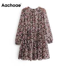 Aachoae Boho Style Floral Print Pleated Dress Long Sleeve Women Mini Dress O Neck Loose Ladies Dresses Beach Sundress Ropa Mujer