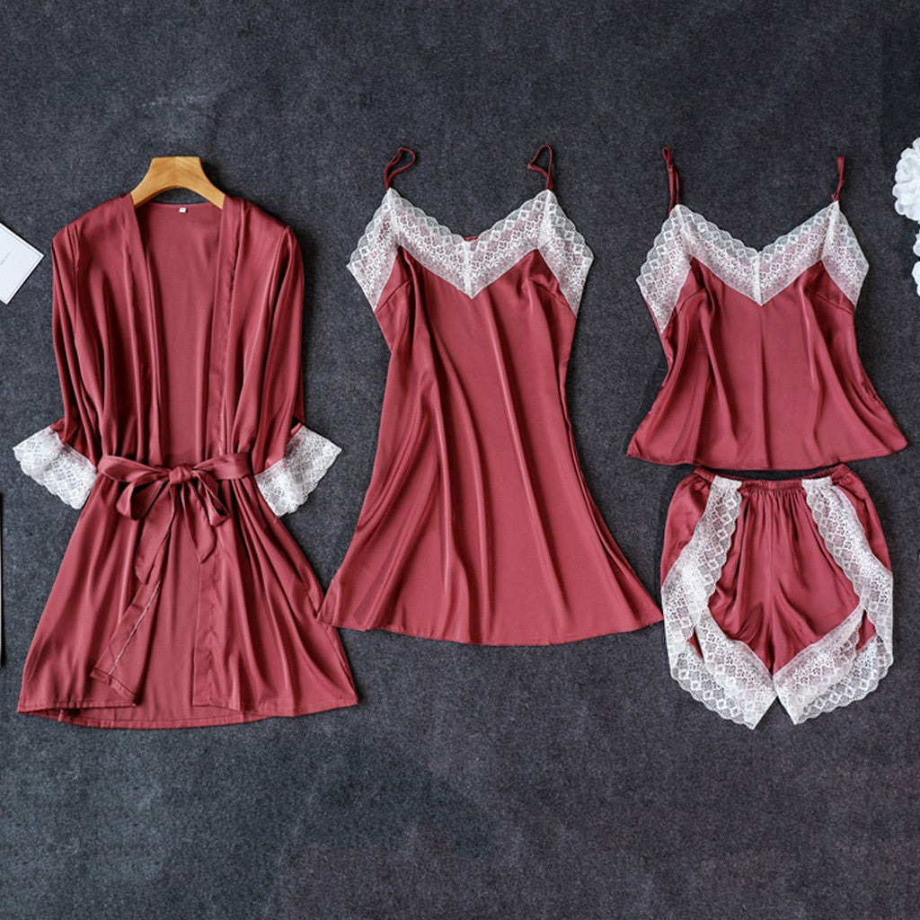 Pajamas Sexy Four-piece Suit Simulation Silk Suspender Nightgown with Chest Pad Ladies Can Wear Nightdress