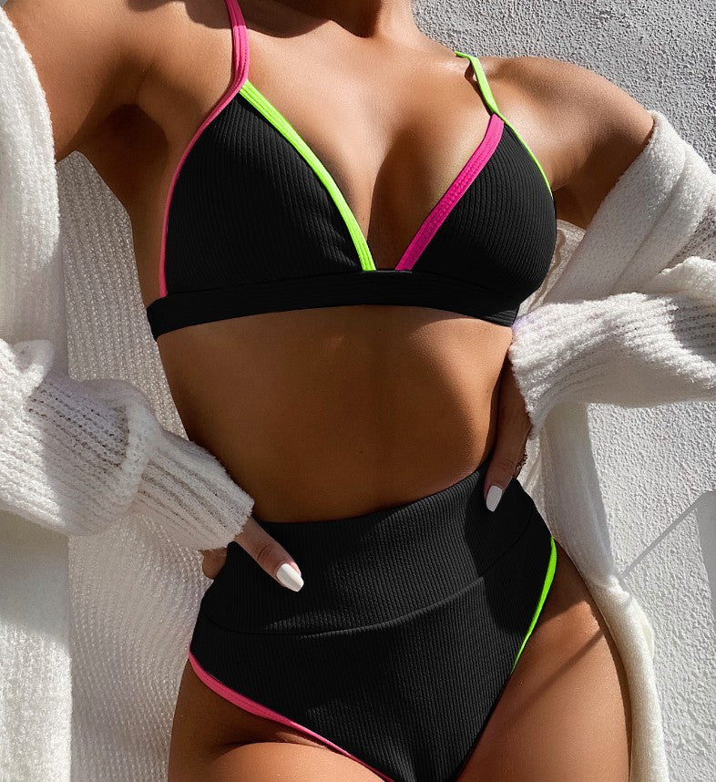 European and American bikini sexy solid color patchwork swimsuit simple fashion Amazon swimsuit