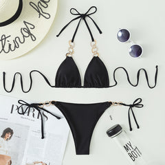 Explosive style chain split swimsuit with diamond accessories, European and American new style strappy triangle bikini foreign trade wholesale swimwea