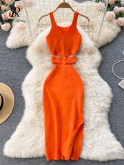 Summer Knit Sexy Strap Dress Women Hollow Out Elatic Waist Bodycon Sundress Female Beach Split Backless Long Dress