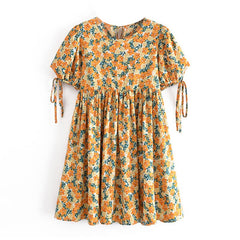 فستان قصير بطبعة زهور من Boho Stlye فستان نسائي قصير الأكمام ورقبة دائرية مطوي فستان صيفي نسائي أنيق لحفلات الشاطئ 