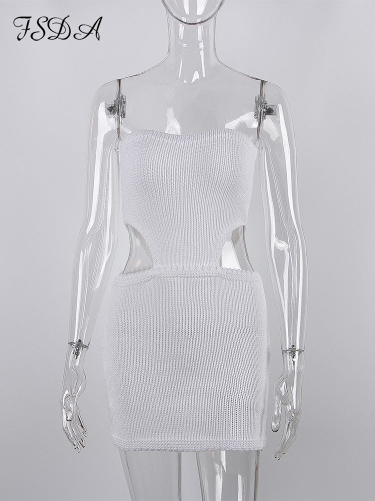 Strapless Knit Bodycon Dress Beach Women White Hollow Out 2022 Summer Sleeveless Mini Party Dresses Sexy Y2K Backless