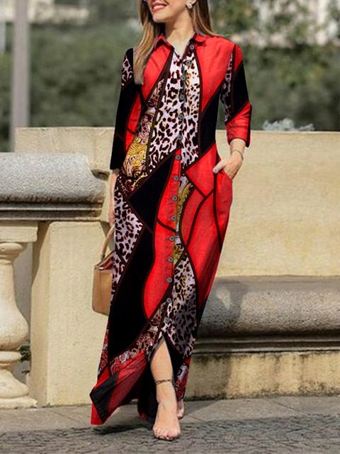 فستان قميص 2022 نسائي الخريف طية صدر السترة طباعة خمر فستان طويل فضفاض تانك الأعلى حفلة بوهو