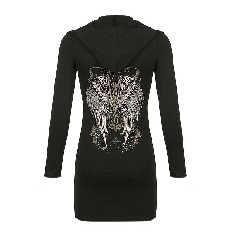 Women Hooded Dress Spring Autumn Black Dress Wings Printed Pattern Long Sleeve Zipper Bodycon Dress Gothic Clothes