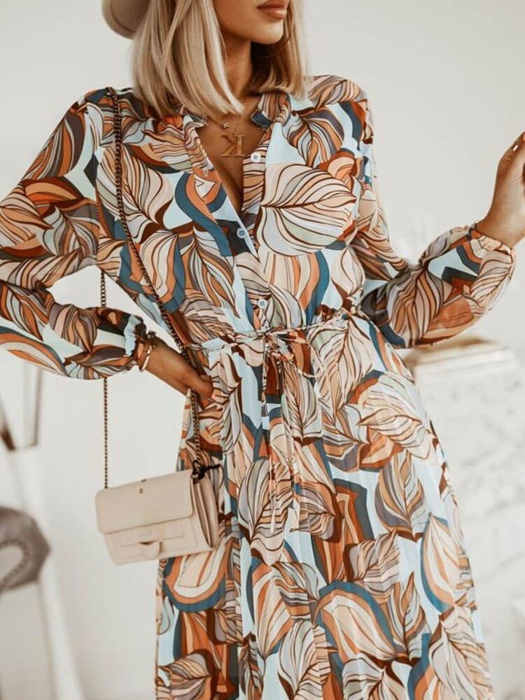 مثير الخامس الرقبة بوهو فانوس كم طويل فستان الشاطئ أنيقة مطبوعة الشيفون خمر المرأة أزياء من الدانتل حتى مطوي فستان الحفلات