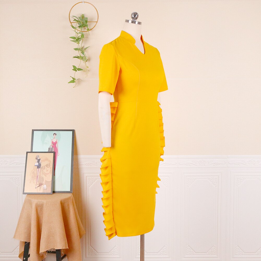 Women Bodycon Dress Short Sleeve High Waist V Neck Ruffles Office Lady Classy Work Wear Evening Party Robe Plus Size Summer New