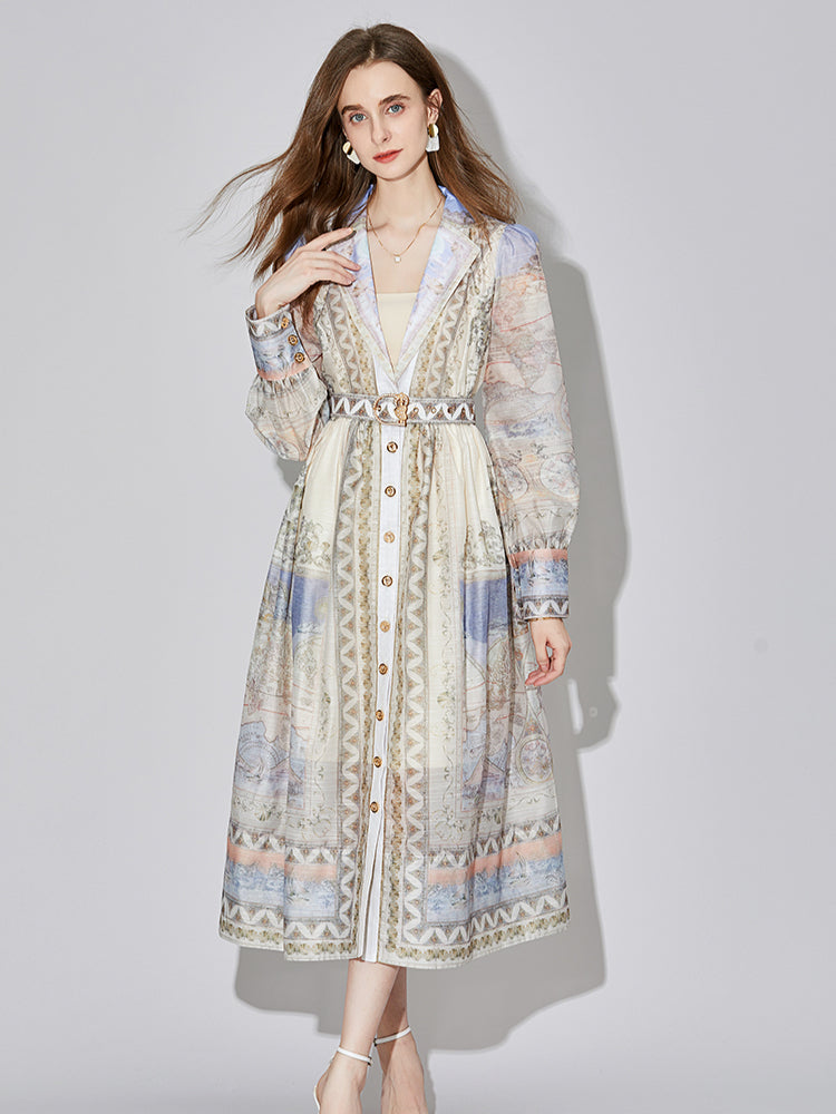 639  shot new  end silk linen long-sleeved printed court style dress with belt