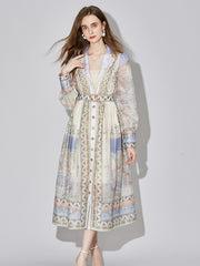 639  shot new  end silk linen long-sleeved printed court style dress with belt