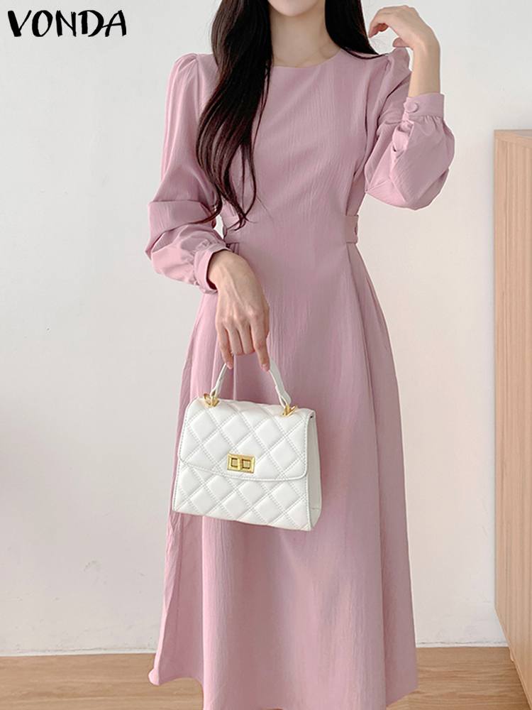 VONDA Women Long Shirt Dress Summer Puff Sleeve Waist-in Design Solid Color Midi Sundress 2023 Elegant Casual Pleated Robe Femme