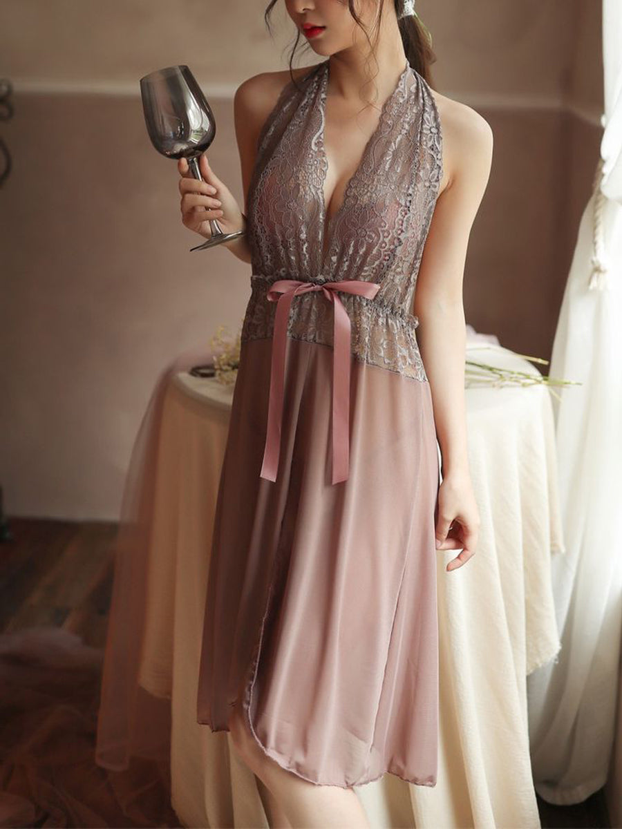 Ladies halter nightdress solid color deep v bow home underwear women's short skirt