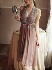 Ladies halter nightdress solid color deep v bow home underwear women's short skirt