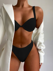Hard cup bikini European and American high waist solid color swimsuit