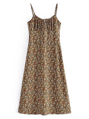 المرأة بوهو نمط الأزهار المطبوعة ميدي فستان عادية السباغيتي حزام ألف خط فستان السيدات موضة فستان بحزام السباغيتي 