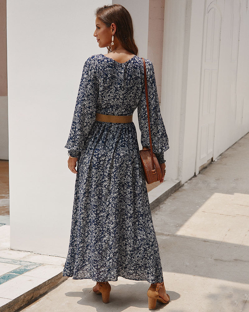 فستان ماكسي زهري عتيق صيفي على شكل حرف a بخصر عالٍ وأكمام واسعة ربيعية طويلة أنيقة بتصميم بوهو للنساء