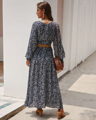 فستان ماكسي زهري عتيق صيفي على شكل حرف a بخصر عالٍ وأكمام واسعة ربيعية طويلة أنيقة بتصميم بوهو للنساء