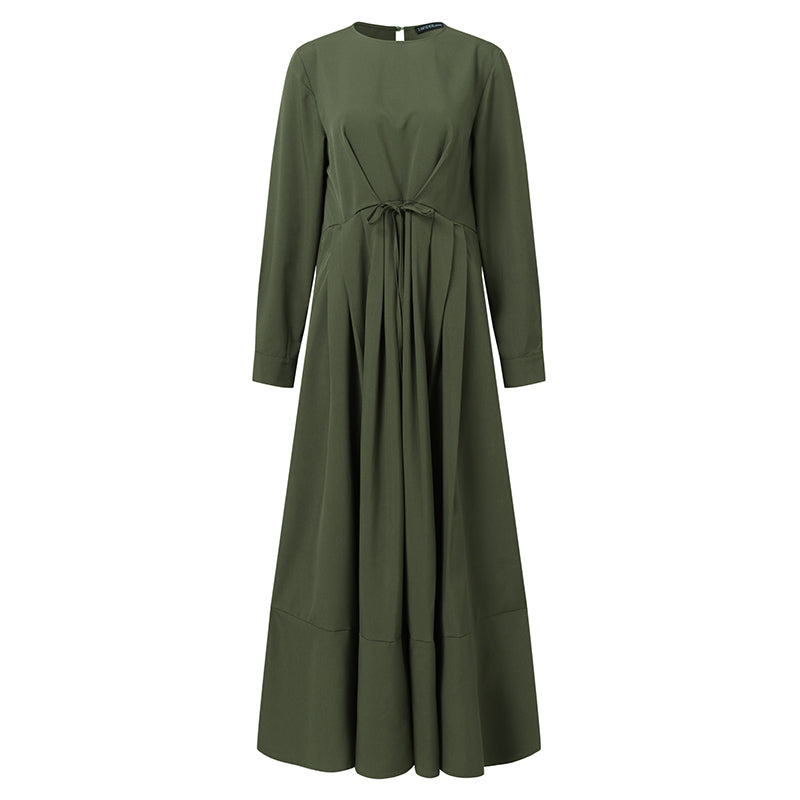 ZANZEA Ms. Muslim style Arabian style temperament solid color round neck long sleeve tie design lotus  hem shirt skirt fashion elegant long skirt robe  casual shirt long dress without headscarf large size