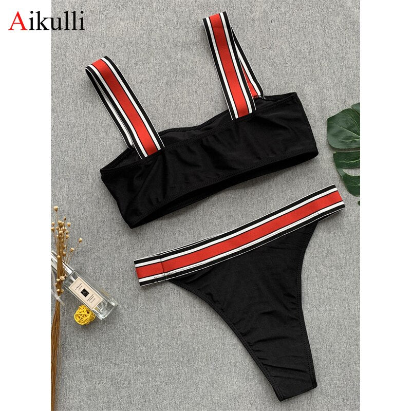 New Striped Bikinis Swimsuits Women Sports  Set 2021 Swimwear Summer Bandage Swimming Beachwear Female Beach Bathing Suits