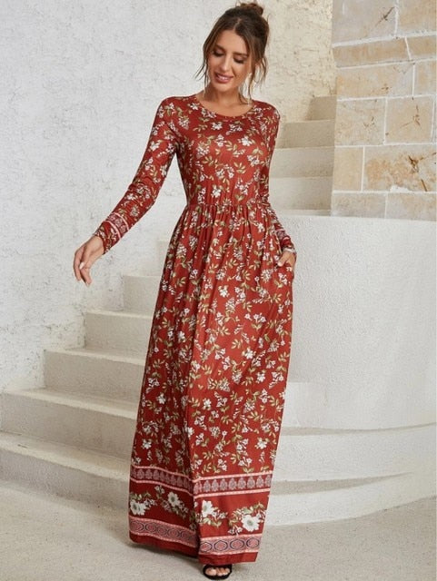 فستان 2022 خريف وشتاء جديد فستان مطبوع بأكمام طويلة وتنورة طويلة 