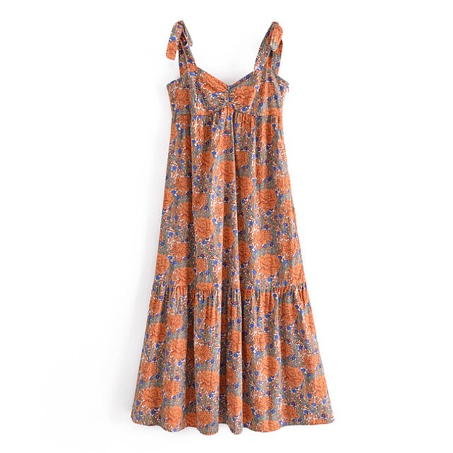 المرأة بوهو نمط الأزهار طباعة ميدي اللباس الصيف حزب السباغيتي حزام اللباس Femele ربطة القوس فيونكة أكمام ألف خط فساتين 