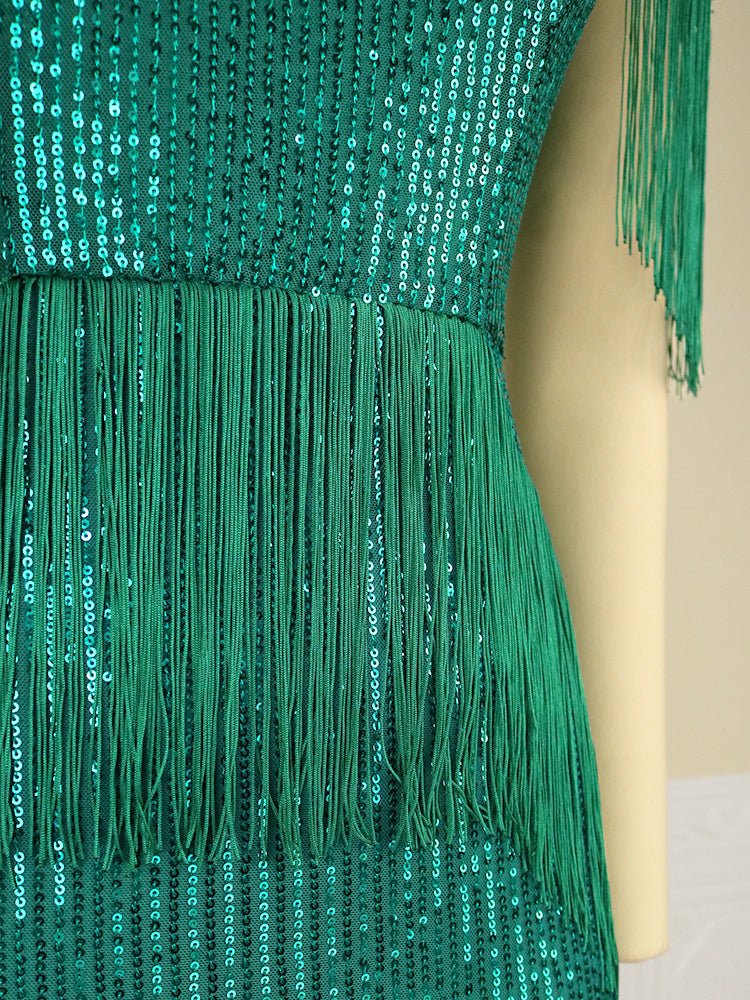 Women Green Tassel Dress Fringe Sequined Shiny Glitter Party Summer Prom Midi Bodycon Sexy Tunics Evening Birthday Robes Vintage