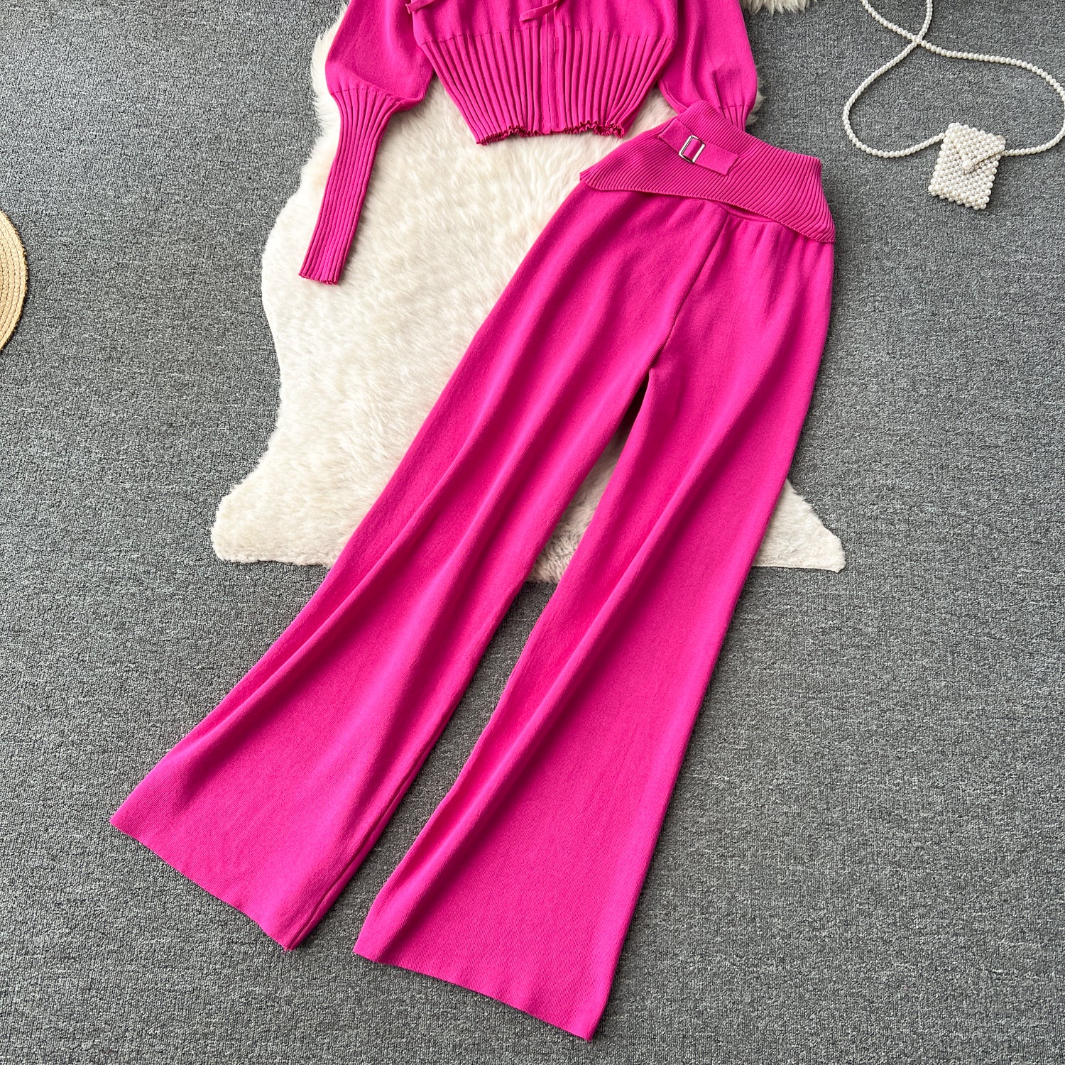 Autumn and winter European and American style minimalist solid color  hooded top +  waisted  trousers casual two-piece set