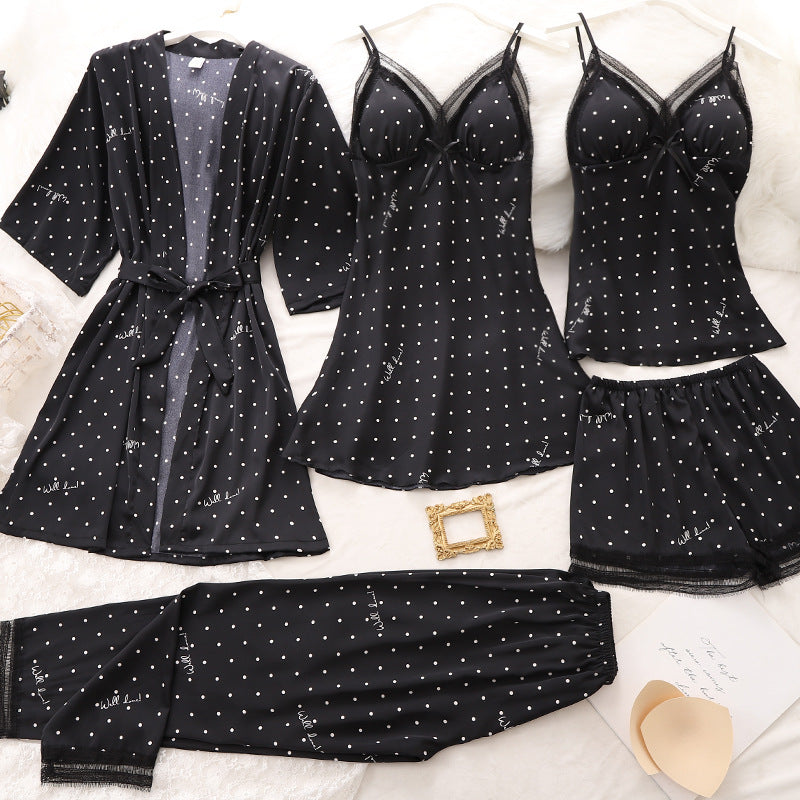 European and American style home service suit women's lace stitching suspender nightdress five-piece