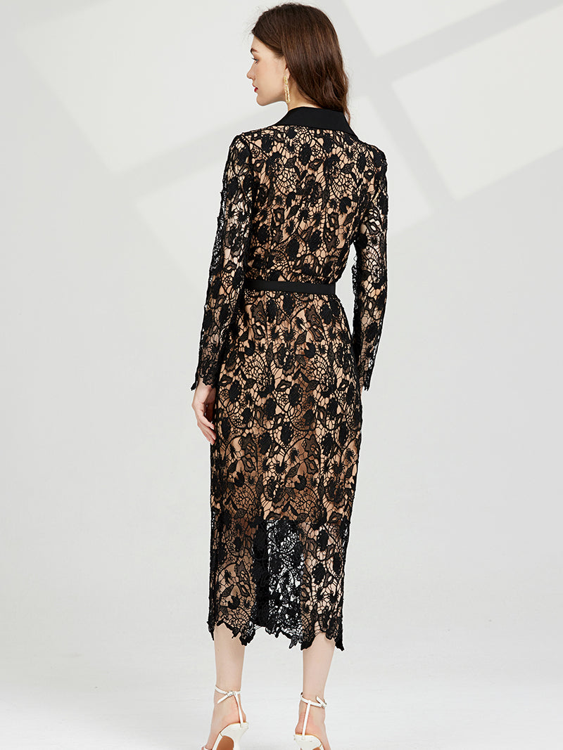 591  shot  end temperament suit lapel water-soluble lace waist dress  fitting metal buckle  skirt