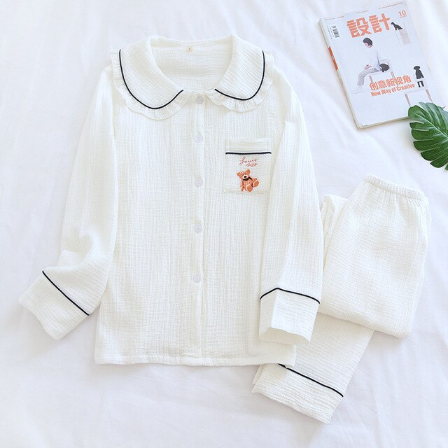 Cotton Crepe Pajamas Set For Women New Spring And Autumn Cloth Couple Long-Sleeved Suit Men Home Service Plus Size Nightgown