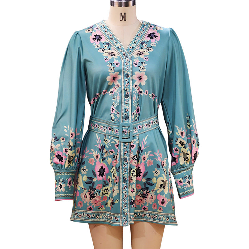 V-neck loose printed boho dress