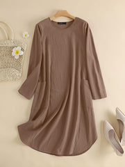 ZANZEA Women Elegant Dresses Solid O-Neck Long Sleeve Vintage Knee Length Dress Fashion Holiday Casual Loose Ladies Vestido Plus Size