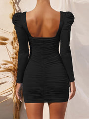 Puff Sleeve Sexy Party Dress Square Collar Autumn Basic Wrap Ruched Slim Winter Fashion Mini Club Bodycon Dress Woman