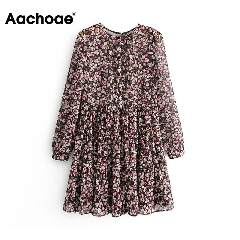 Aachoae Boho Style Floral Print Pleated Dress Long Sleeve Women Mini Dress O Neck Loose Ladies Dresses Beach Sundress Ropa Mujer