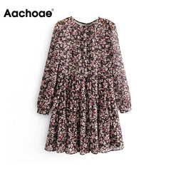 Aachoae Boho Style Floral Print Pleated Dress Long Sleeve Women Mini Dress O Neck Loose Ladies Dresses Beach Sundress Ropa Mujer