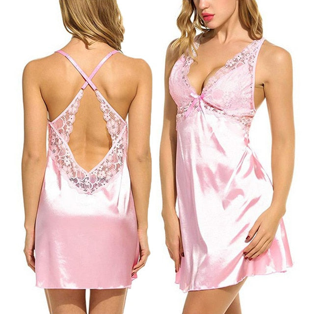 Women Lace Sleepwear Robe Pyjama Night Gown Nightdress Ladies Spaghetti Strap Satin Sexy Solid Satin Lace Nightgowns Homewear