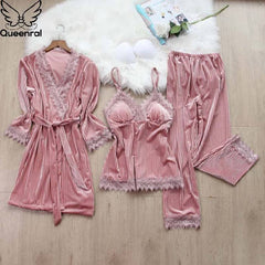 Queenral 3pcs Gold Velvet Pajamas Set For Women Warm Pyjama Lace Pajamas Winter Sleepwear Nightdress Homewear Pijamas