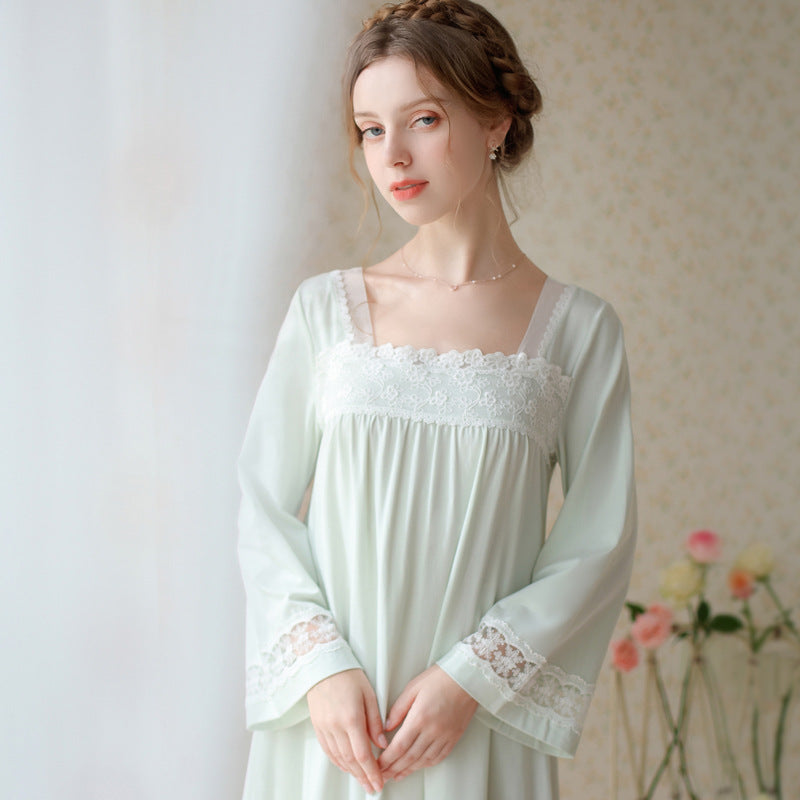 Sweet Lace Square Neck Night Dress Women Spring Autumn Vintage Chinese Flare Sleeve Nightwear Long Nightgown  Sleepwear