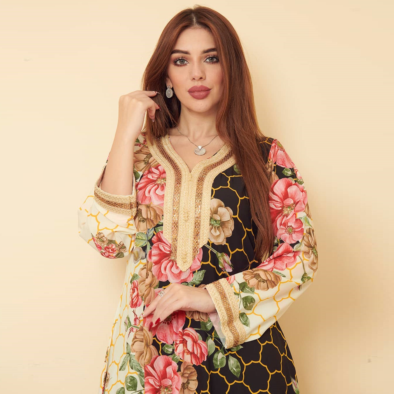New Arab Traditional Women's Jalabiya Printed Robe with Diamonds Kaftan Middle East Women's Dubai Kuwait