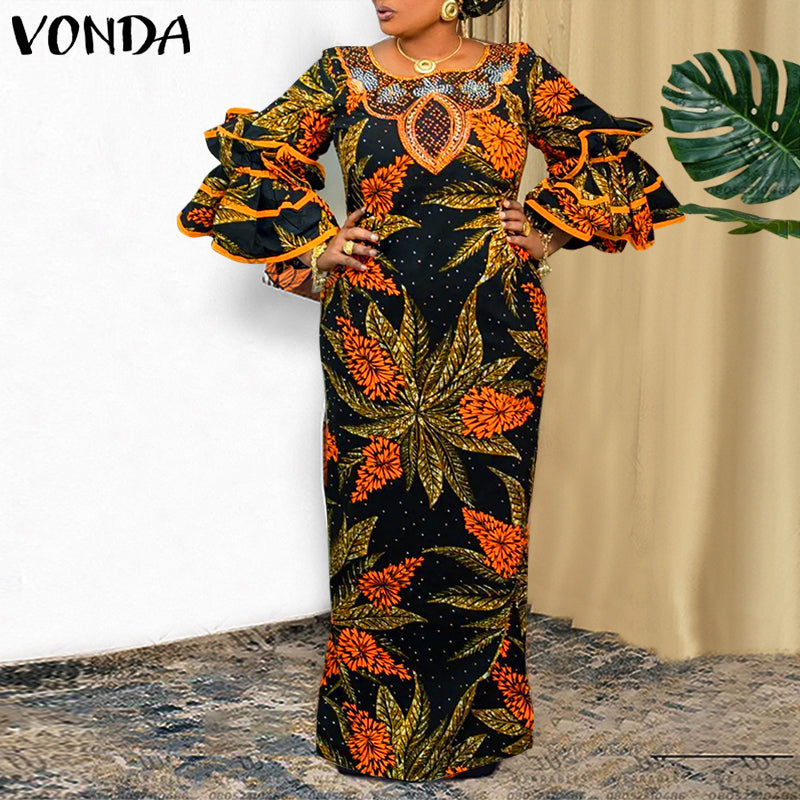 فوندا فساتين نسائية بوهو كلاسيكية مطبوعة بنمط عشوائي فساتين طويلة طويلة مكشكشة غير رسمية فضفاضة ورقبة دائرية وأكمام طويلة مرقعة