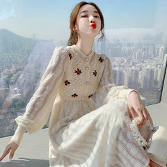 dress 2023 new gentle wind over the knee long section age-reducing sweet sweater dress
