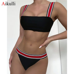 New Striped Bikinis Swimsuits Women Sports  Set 2021 Swimwear Summer Bandage Swimming Beachwear Female Beach Bathing Suits